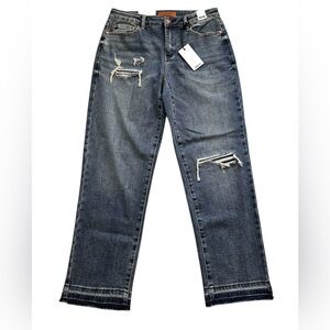 Judy Blue Mid Rise distressed boyfriend Jean 7/28 release hem stretch fit NWT